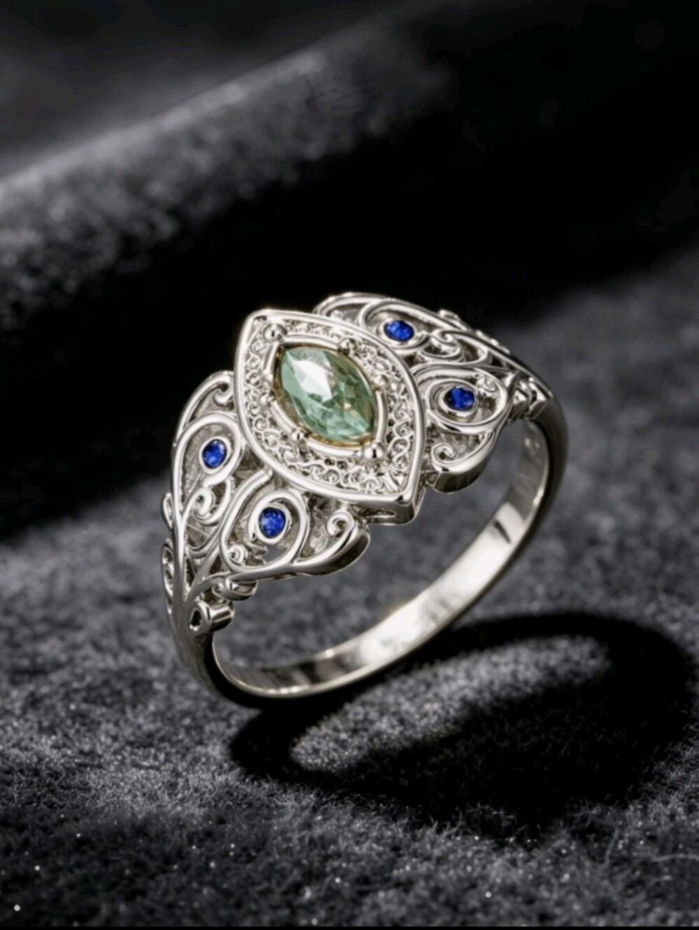 BRAND NEW **  Silver Green Marquise & Blue Accent Filigree Ring